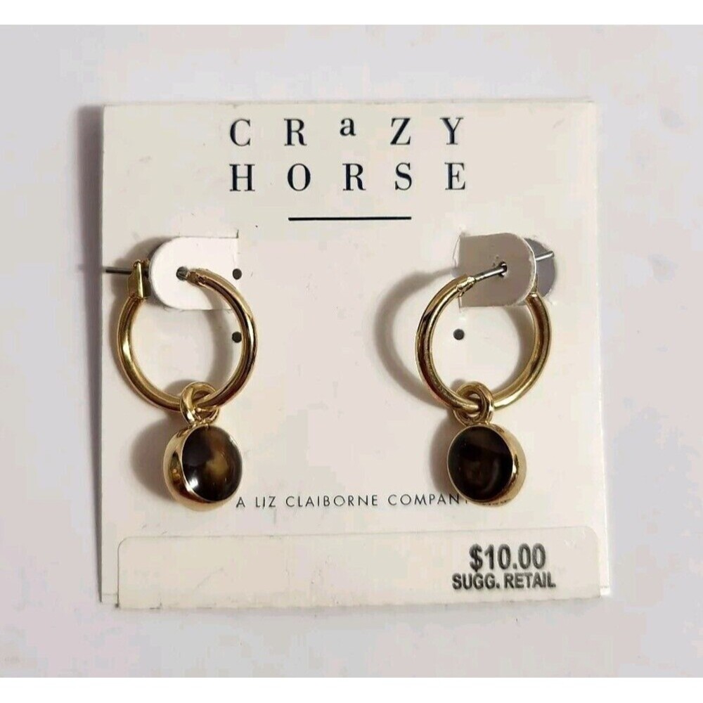 Liz Claiborne Crazy Horse Pierced Earrings Gold Tone, Black, Loops NEW nice